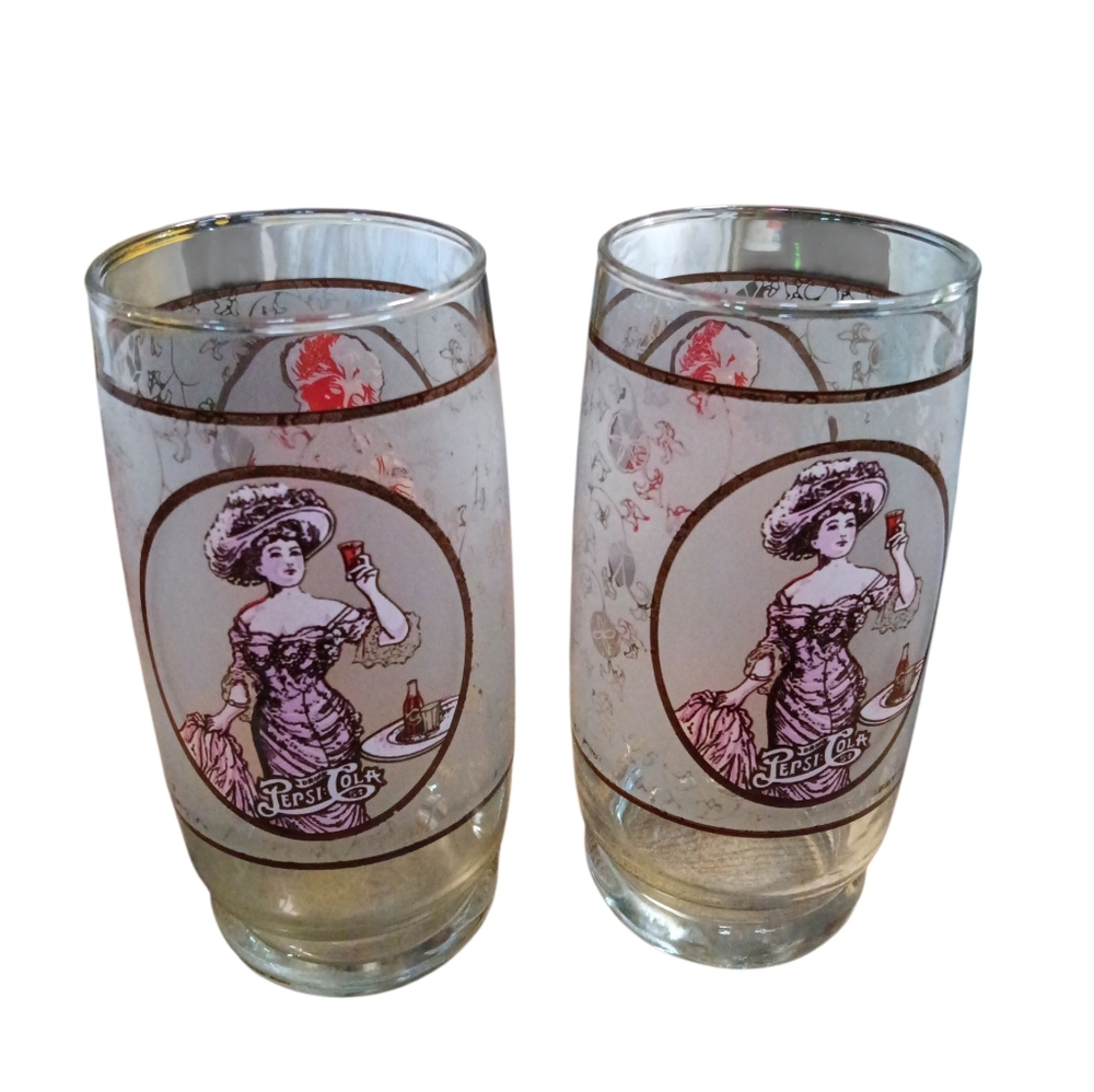 2 Vintage 1970's Pepsi Cola Glasses with Lady Design